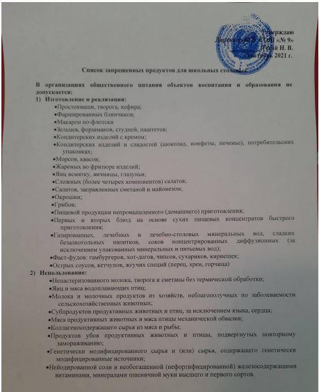 Список запрещенных продуктов для школьной столовой